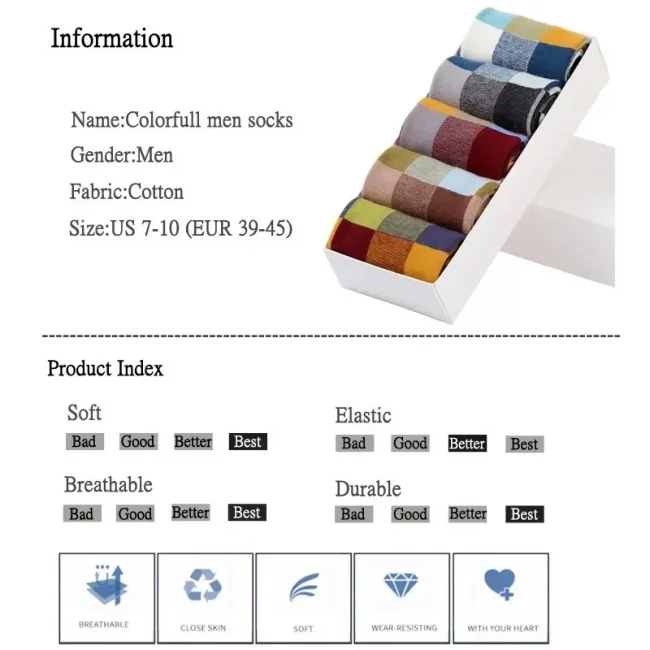 5Pairs/Combed Cotton Men's Socks Spring and Autumn Compression Socks Fashion Colorful Square Happy Dress Socks Men Size EU39-45 6