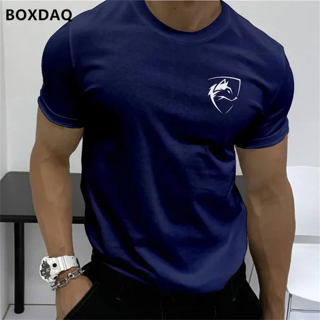 Summer Men's Fashion T-Shirts Short Sleeve Simple Wolf Badge Printing Streetwear Male T Shirt Trend O-Neck Casual Tops Plus Size 3