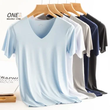 Summer Thin Ladies Ice Silk Seamless Short Sleeve V-neck T-shirt Basic Cotton Tee Men Inside Slim Half Sleeve Tees M-5XL 1