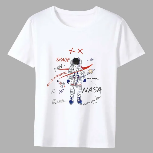Men's T-shirt New Hot Sale Cartoon Astronaut Pattern Print Series Tee Shirt Summer Casual White Classic Male Short-sleeved Tops 3