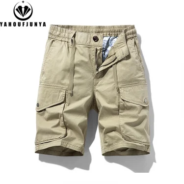 2025 Men Summer Solid Cotton Outdoor Cargo Leisure Shorts Men Drawstring Buttons Straight Loose Fashion Brand Short Male Pants 5