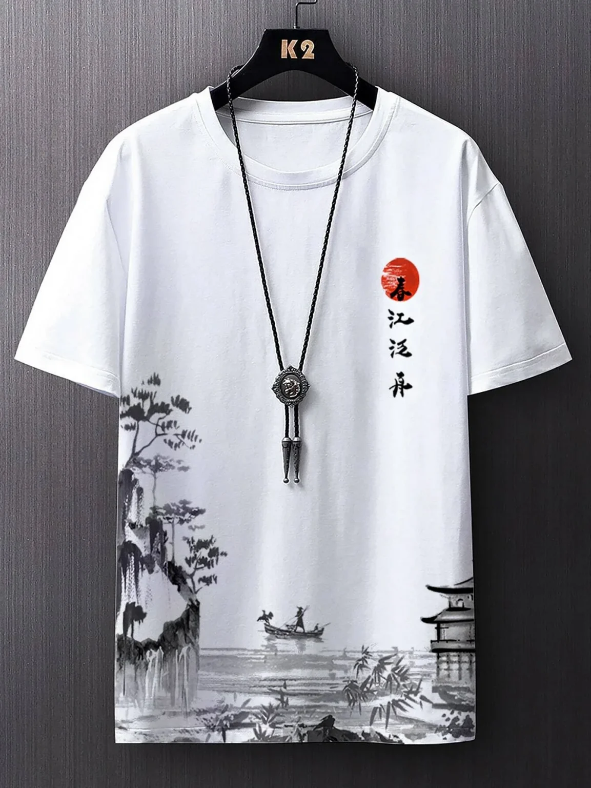 Summer new men's casual simple short-sleeved T-shirt polyester fiber comfortable breathable ancient style printed short-sleeved 3