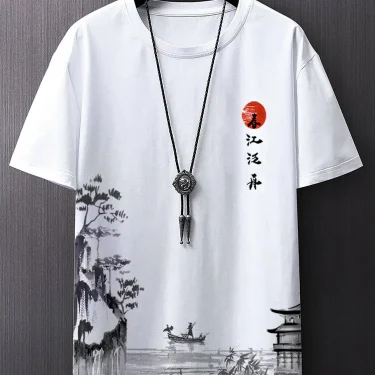 Summer new men's casual simple short-sleeved T-shirt polyester fiber comfortable breathable ancient style printed short-sleeved 3
