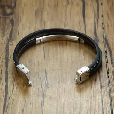 Vnox Unique Sew Lines Genuine Leather Bracelets for Men Women Stainless Steel Bar Layered Bangle Causal Pulseira 6