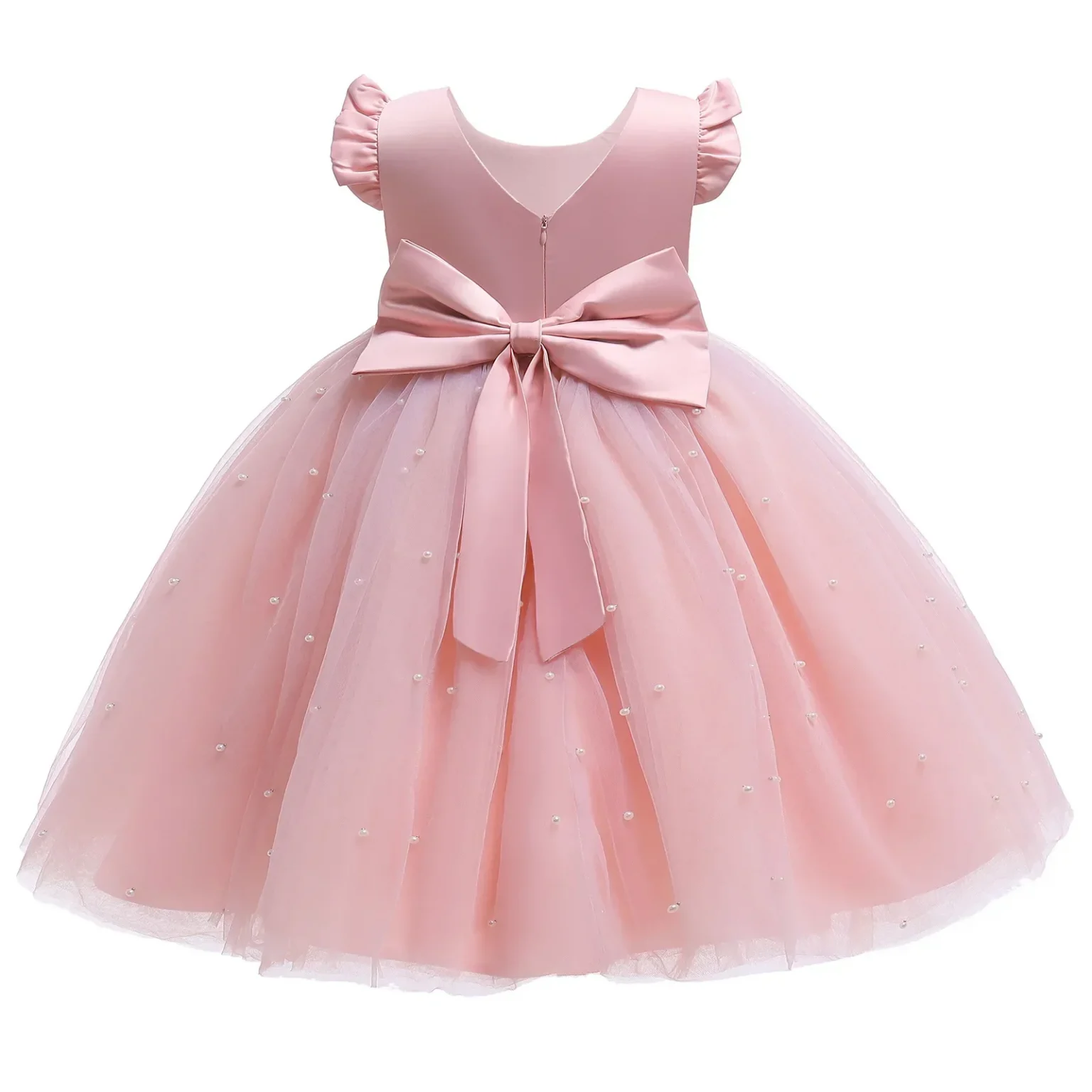 Summer Girl Flower Birthday Tulle Dress Backless Bow Wedding Gown Kids Party Wear Princess Pink Dress Baby Girl Bowknot Dresses 2