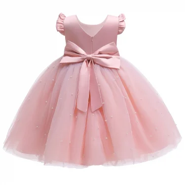 Summer Girl Flower Birthday Tulle Dress Backless Bow Wedding Gown Kids Party Wear Princess Pink Dress Baby Girl Bowknot Dresses 2