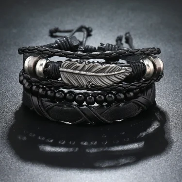 Modyle Multi-layer Gothic Leather Bracelet Set Punk Viantage Wings Charms Handwoven Bracelets for Men Jewelry Gifts 1