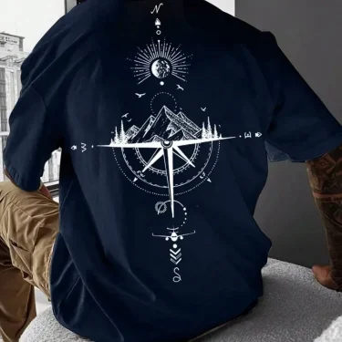 New Summer Men's T-Shirt 3d Compass Printed Short Sleeve Tees Simple Fashion Male Clothing Loose Oversized T-Shirt For Men 3