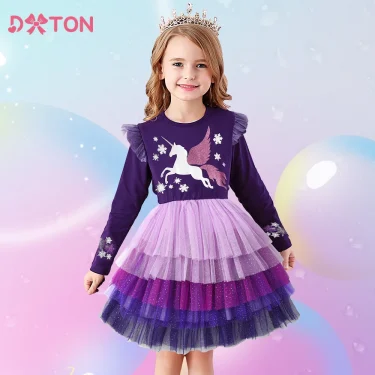 DXTON Winter Long Sleeve Girls Dress Unicorn Cotton Children Clothing Birthday Party Prom Kids Dress Layered Princess Tutu Dress 1