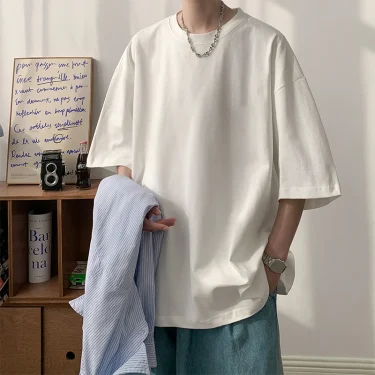Summer Men's Heavy T Shirt Casual Solid Short Sleeve Basic Tee Women 100% Cotton 260gsm 9.17oz Oversized O Neck Hip-Hop Tops 2