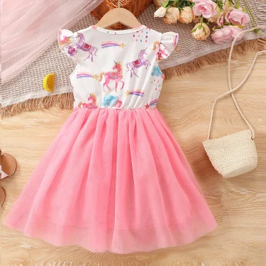 Summer Girls Dress For Kids 1-8 Years old Fashion Cute Cartoon Unicorn Ruffled Tulle Sleeve Princess Dresses For Holiday 2