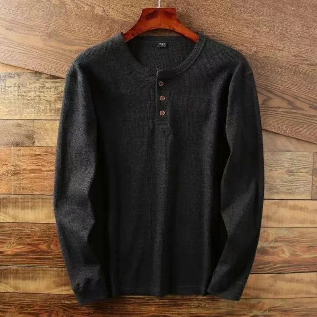 Slim Fit Mens Basic Tee Casual Tshirts Henley Waffle Long Sleeve Shirts Thermal Solid Half Button Breathable 100% Cotton Shirts 2