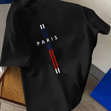 Summer Men 100% cotton fashion casual loose fit plus size Paris letter print round neck short sleeve T-shirt top 2