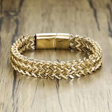 Stainless Steel Double Row Chain Bracelet with Magnetic Buckle for Men Motorcycle Riding Hip-Hop Rock Trend Jewelry Gift 3