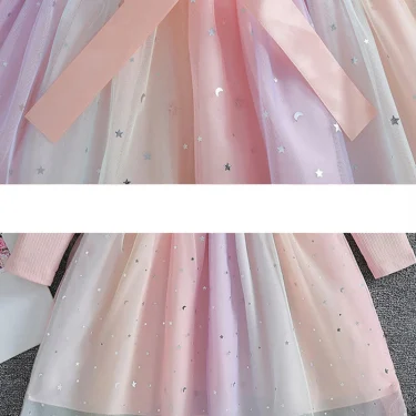 Girl's Long Sleeved Bow Dress 2-6Y Fashion Thin Children's Starry Sky Sequin Mesh Dress Spring Autumn Kid's Clothing 3