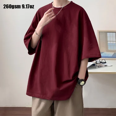 Summer Men's Heavy T Shirt Casual Solid Short Sleeve Basic Tee Women 100% Cotton 260gsm 9.17oz Oversized O Neck Hip-Hop Tops 1