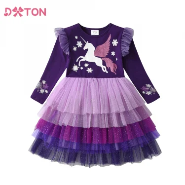 DXTON Winter Long Sleeve Girls Dress Unicorn Cotton Children Clothing Birthday Party Prom Kids Dress Layered Princess Tutu Dress 2