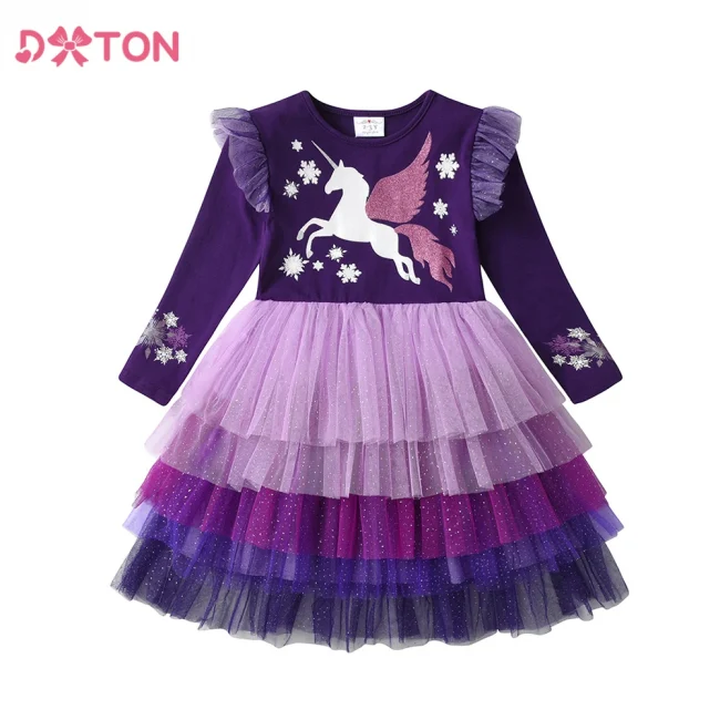 DXTON Winter Long Sleeve Girls Dress Unicorn Cotton Children Clothing Birthday Party Prom Kids Dress Layered Princess Tutu Dress 2