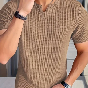 Men's Casual Waffle Knit V-neck pullover T-shirt - Summer short-sleeved everyday casual outing essential 1