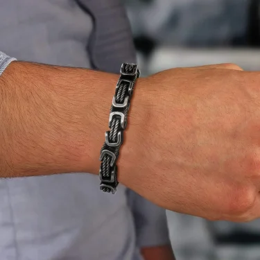 Mens Chunky Byzantine Bracelets,Retro Grey 8mm Stainless Steel Braided Link Wristband,Vintage Jewelry Gift for Him Boy 2