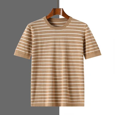 Men's Short Sleeved 100% Cotton T-Shirt Sweater Round Collar Color Stripe Tees Pullover Knitted Clothing Casual Summer Tops 1