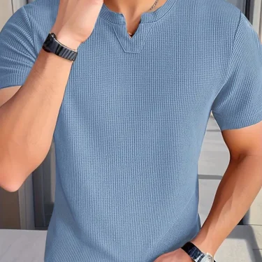 Men's Casual Waffle Knit V-neck pullover T-shirt - Summer short-sleeved everyday casual outing essential 3