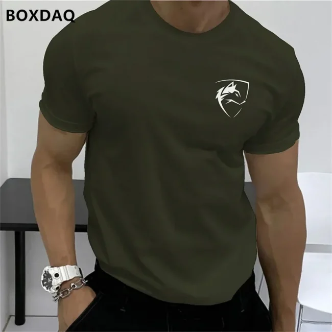Summer Men's Fashion T-Shirts Short Sleeve Simple Wolf Badge Printing Streetwear Male T Shirt Trend O-Neck Casual Tops Plus Size 5