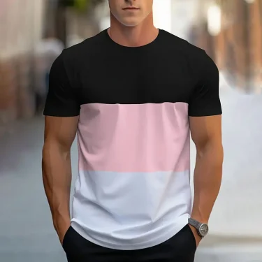 2024 Summer new fashion splicing printed short-sleeved T-shirt men's round neck loose breathable tops Sports Fitness T-shirt 2