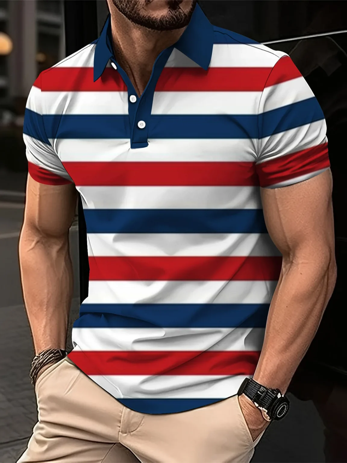 Men's Short Clothes Sleeved Lapel 3D Digital Printed Striped Polo Shirt Summer Man's Business Casual Top Clothes Oversized 2