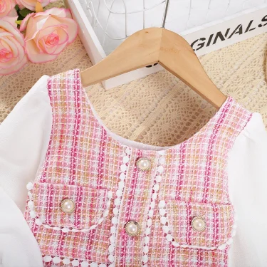 Menoea Girls' Dress 2023 Autumn New Girls' Round Neck Plaid Lace Button Long Sleeve Dress Girls' Fashion Patchwork Dress 4
