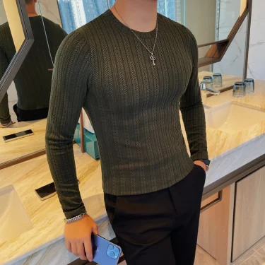 Spring Autumn Men's O-Neck Casual T-Shirts Fashion Slim Fit Long Sleeve Solid Color Tees Tops Men Elastic Stripe Pullover Tshirt 4