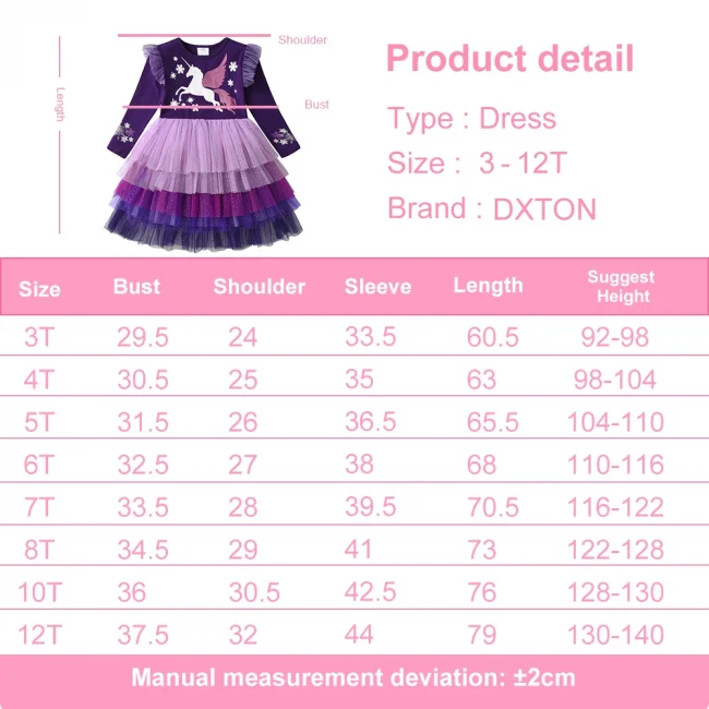 DXTON Winter Long Sleeve Girls Dress Unicorn Cotton Children Clothing Birthday Party Prom Kids Dress Layered Princess Tutu Dress 6