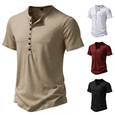 Men's Henley Shirt, Casual Fashion T-shirt, Basic Short Sleeve Top, 100% Cotton Lightweight Tee, Plus Size Camping T-shirt 1