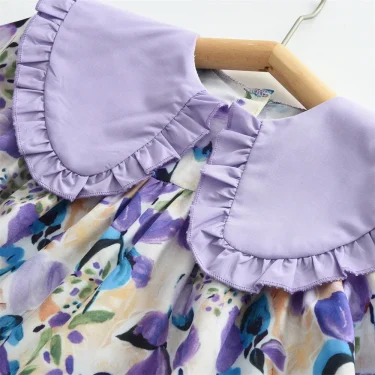 Girls Casual Dresses Purple Flower Print Lace Lapel Puff Sleeves and Long Sleeves Flower Party Dress for Kids Girl 2 To 7 Years 5