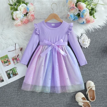 Girls Dress Blue Autumn Princess Dress Kids Clothes Birthday Party Dress Pink Long-sleeved for Children Fashion Rainbow 1-6Y 2