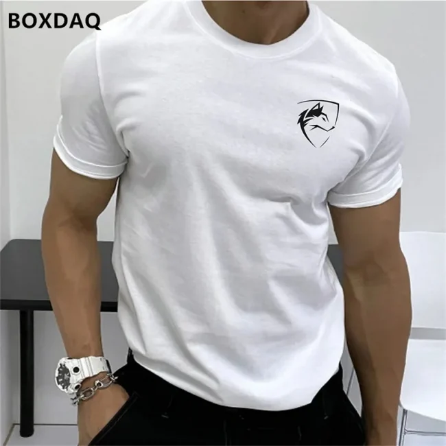 Summer Men's Fashion T-Shirts Short Sleeve Simple Wolf Badge Printing Streetwear Male T Shirt Trend O-Neck Casual Tops Plus Size 1