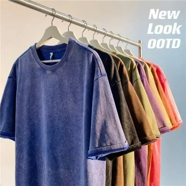 American Style Retro Heavyweight Solid Color Short Sleeved T-shirt Men Women Summer Street Trendy Washed Old Oversized Clothes 1