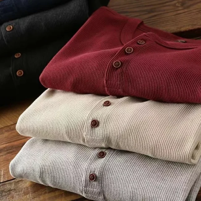 Slim Fit Mens Basic Tee Casual Tshirts Henley Waffle Long Sleeve Shirts Thermal Solid Half Button Breathable 100% Cotton Shirts 6