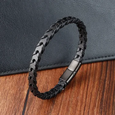 Stainless Steel Charms Bracelet Moroccan Arabic Jewelry Genuine Leather Pride Bracelets Man Black 3