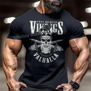 Men T-Shirt Gym Training Sportswear T-Shirt Skull Print Retro Oversized T-Shirt Casual Streetwear Tops Round Neck TeeMen Clothes 3