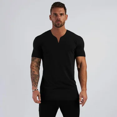 Summer New Arrivals V neck Short Sleeve Men T shirt Slim Fit Fashion t-shirt Men Skinny Casual Gym Clothing Fitness tshirt 1
