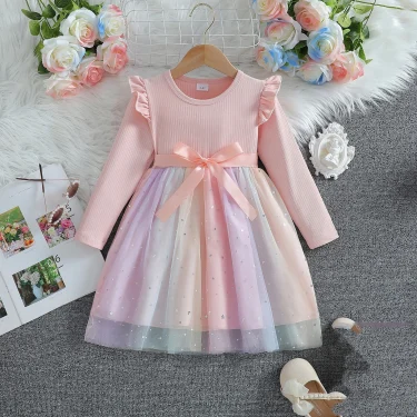 Girls Dress Blue Autumn Princess Dress Kids Clothes Birthday Party Dress Pink Long-sleeved for Children Fashion Rainbow 1-6Y 1