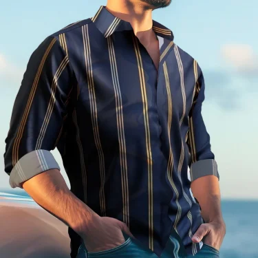 FGKKS New Men Dress Shirt Fashion Long Sleeve Mens Casual Elastic Fabric Striped Male Smart Shirt 1