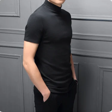 New Trend Summer Men Half High Collar Mercerized Cotton Short Sleeve Slim Body T-Shirt Men Solid Color Modale High Collar 4