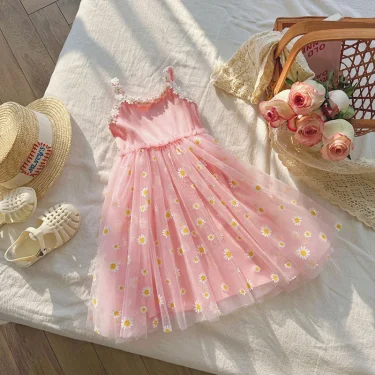 Girls Casual Dresses Little Daisy Flower Mesh Dress for Girls Summer Camisole Pompadour Dress Girls Clothes for2 To 7 Years 2
