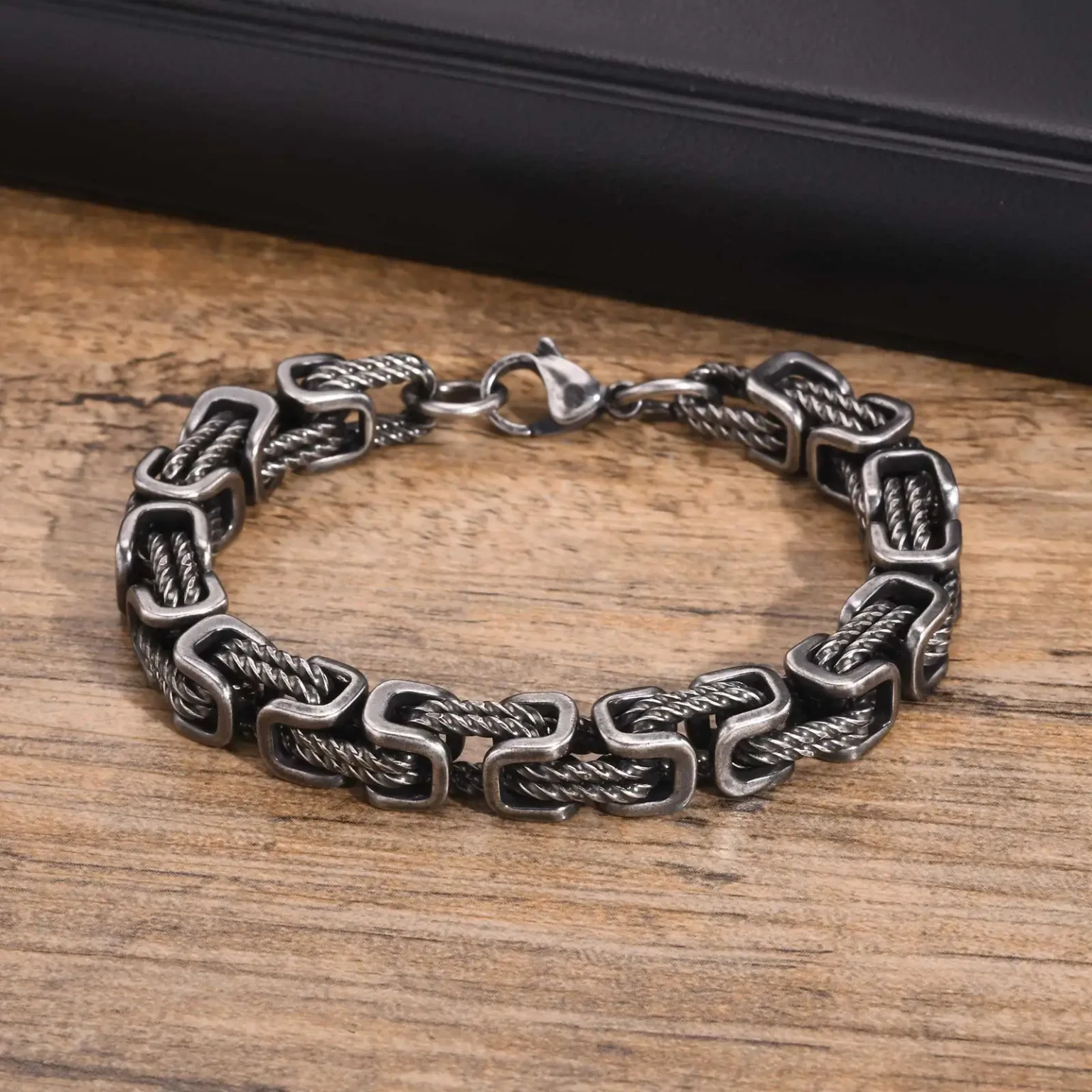 Mens Chunky Byzantine Bracelets,Retro Grey 8mm Stainless Steel Braided Link Wristband,Vintage Jewelry Gift for Him Boy 3