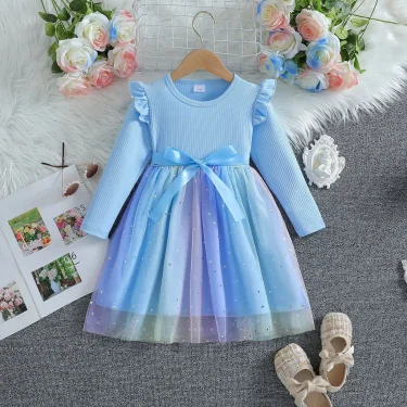 Girls Dress Blue Autumn Princess Dress Kids Clothes Birthday Party Dress Pink Long-sleeved for Children Fashion Rainbow 1-6Y 3