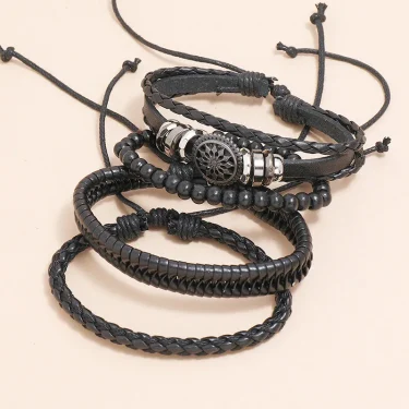Modyle 4pcs/ set Adjustable Leather Bracelets for Men Braided Black Brown Bangle Life Tree Leaf Rudder Charm Bracelet Gift 5