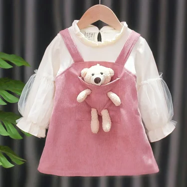 Kid Girl Dress Princess Dress Pocket Bear Gift Birthday Party Children Puff Long Sleeve Toddler Girl Clothes Teen Baby Suit A830 1