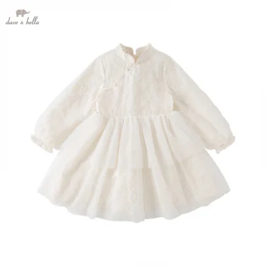 DK1231903 Dave Bella Spring Girl's Fashion Soild White Mesh Draped Dress Children Sweet Dress Kids Infant Lolita Clothes 2